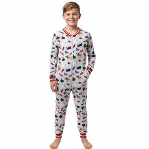 Holiday Onsie Footless Full Piece Pajamas Size Youth Large 10/12 Unisex Grey Red